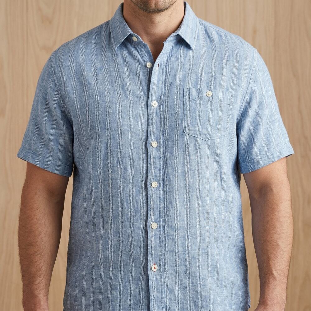 Weatherproof Vintage Men Short Sleeve Washable Linen Striped Shirt Blue Large